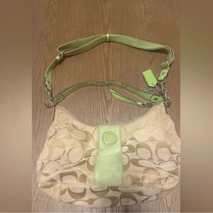Vintage Coach Beige Signature Hobo with Lime Green Trim